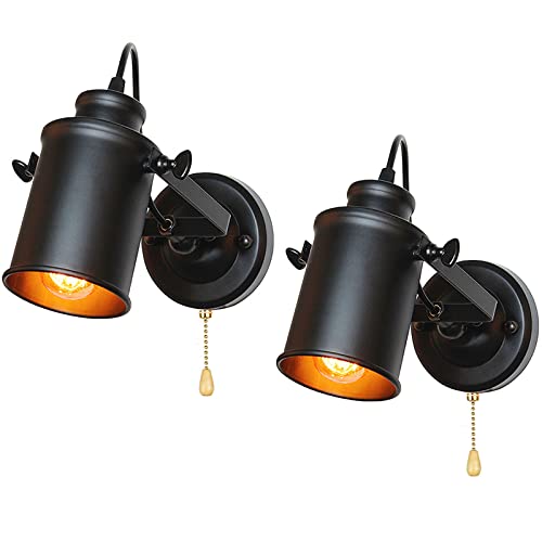 E27 Retro Industrial Wandleuchte mit Schalter Vintage Lampe LED Innen Wandlampen mit Zugschalter Schwenkbar Schwarz Antike Lampe 180° Drehbar Metal Wandspot Schlafzimmer Flur Café Loft (2 Stückes) von TZSMUM