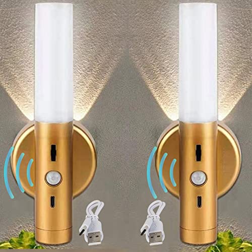 Gold Akku Lampe Wandlampen mit Bewegungsmelder Innen Batteriebetrieben LED Wandleuchten Dimmbar Modern Wandbeleuchtung USB Aufladbare Nachttischlampe Magnetische Schlafzimmer Flurlampe (2 Stücks) von TZSMUM