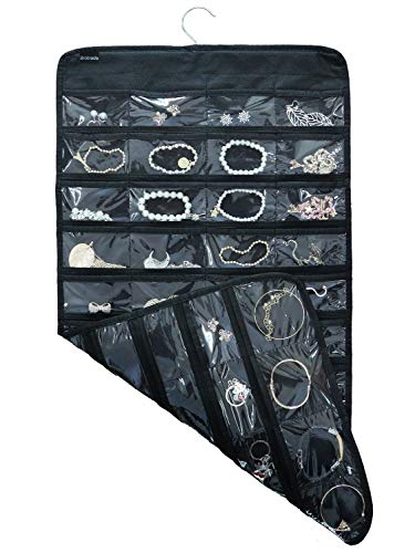 TabEnter Doppelseitiger Schmuck-Organizer zum Aufhängen, kleiner Werkzeughalter mit 80 transparenten Taschen (schwarz) von TabEnter