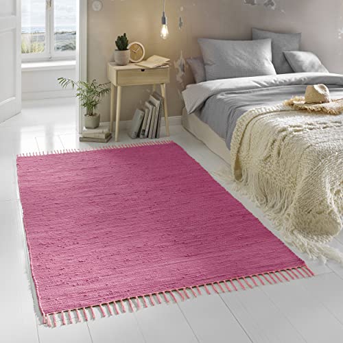 TacaHome Flicken-Teppich 100% Baumwolle I Waschbarer Fleckerl mit Fransen I Esszimmer Küche Badezimmer Wohnzimmer Kinderzimmer | 90 x 160 cm Berry von TacaHome