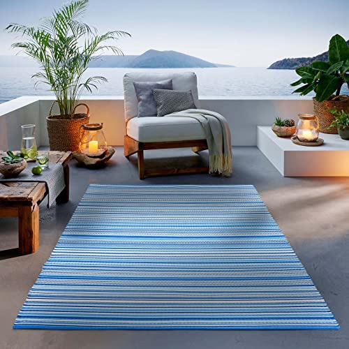 TacaHome Outdoor Teppich I Wetterfest Für Drinnen und Draußen I Terrasse Balkon Garten Wohnzimmer Badezimmer Küche Flur Läufer | 190 x 290 cm Türkis Streifen von TacaHome