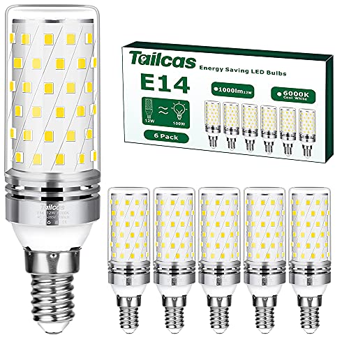 Tailcas E14 Led Kaltweiß Birne, 6000K 1000LM 12W E14 Lampe, Ersatz für 100W Glühlampe, Nicht Dimmbar Kein Flackern Energiesparlampe, AC 220-240V Kleine Edison-Schraube Kerze Leuchtmittel (6er-Pack) von Tailcas