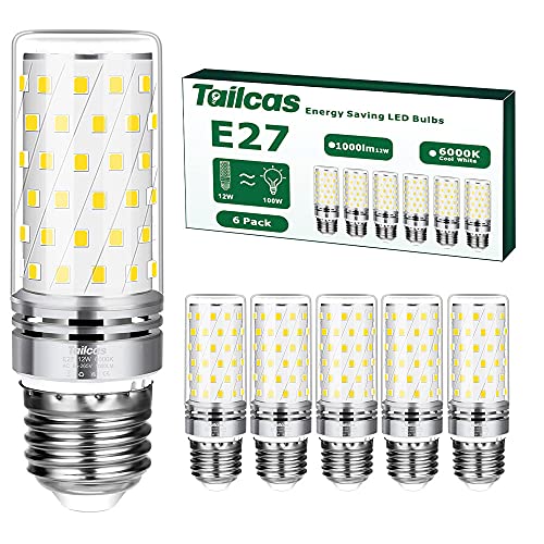 Tailcas E27 Led Kaltweiß Birne, 6000K 1000LM 12W E27 Lampe, Ersatz für 100W Glühlampe, Nicht Dimmbar Kein Flackern Energiesparlampe, AC 220-240V Edison Schraube Kerze E27 Leuchtmittel (6er-Pack) von Tailcas