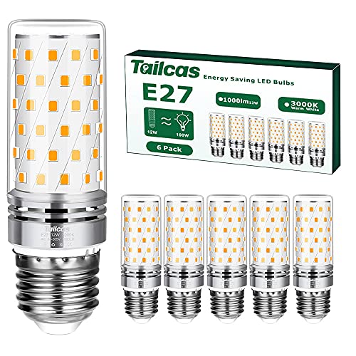 Tailcas E27 Led Warmweiss Birne, 3000K 1000LM 12W E27 Lampe, Ersatz für 100W Glühlampe, Nicht Dimmbar Kein Flackern Energiesparlampe, AC 220-240V Edison Schraube Kerze E27 Leuchtmittel (6er-Pack) von Tailcas