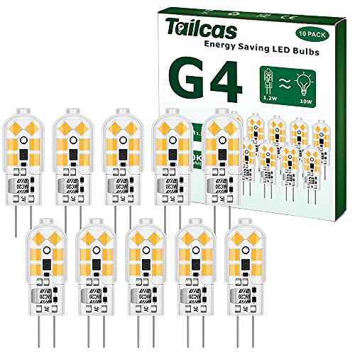 Tailcas G4 Led Birne Warmweiss, 1.2W 12V Lampen, Ersatz für 10W Halogenlampen, 120lm 3000K 360° AC/DC Leuchtmittel, Kein Flackern Nicht Dimmbar Stiftsockellampe Glühbirnen, 10er Pack von Tailcas