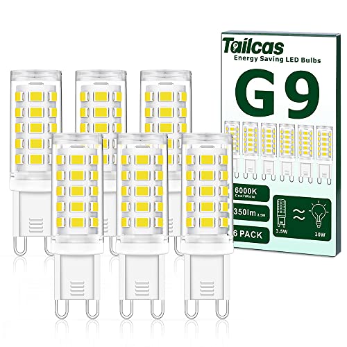 Tailcas G9 LED Lampen, 3.5W kaltweiß Birnen (ersatz 30W 40W G9 Halogenlampe), 350LM LED Glühbirne G9 Leuchtmittel Kaltweiss 6000K, AC 220-240V, Nicht Dimmbar Kein Flackern 360° Lichtwinkel, 6er Pack von Tailcas