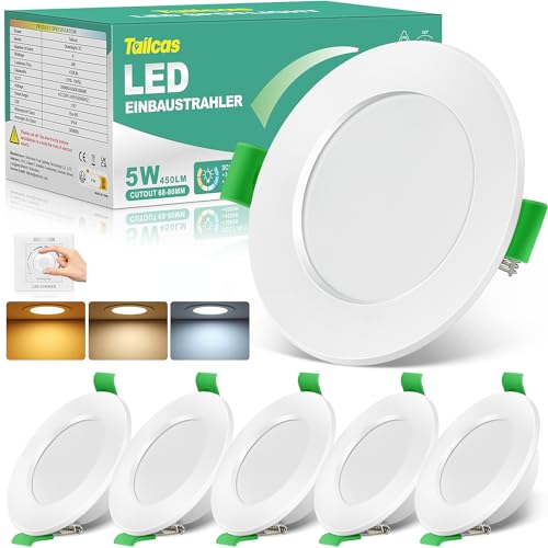 LED Einbaustrahler 230V Dimmbar, 5W Ultra Flach LED Spot IP44 450LM Einbauleuchten Warmweiß Neutralweiß Kaltweiß, 25mm Einbautiefe Deckenspots Deckenstrahler für Badezimmer Wohnzimmer Küche, 6er Set von Tailcas