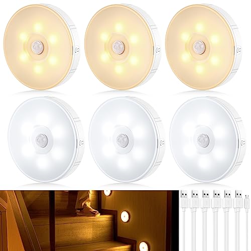 Tailcas Dimmbar Nachtlicht mit Bewegungsmelder, 6 Stück LED Nachtlicht Aufladbar USB, 1000mAh, Warmweiß/Kaltweiß, Nachtlampe Schranklicht für Treppe, Kinderzimmer, Flur, Küche, Schlafzimmer von Tailcas