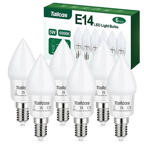Tailcas E14 Kerze LED Lampe, 5W 450 Lumen E14 LED Kaltweiß Birne 6000K, ersetzt 40W Glühlampen, E14 LED Glühbirnen Nicht Dimmbar, Kein Flackern Energiesparlampe, 6 Stück von Tailcas
