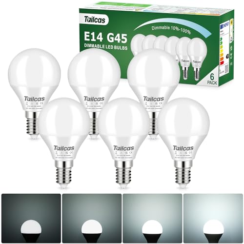Tailcas E14 LED Dimmbar Lampe, e14 led Kaltweiß 6000K, 5W G45 LED Dimmbar Glühbirne ersetzt 40W Glühlampen, 500 Lumen 280° Strahlwinkel Energiesparlampe, Kein Flackern Energiesparlampe, 6er-Pack von Tailcas