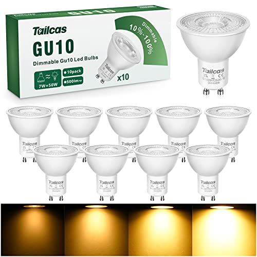 Tailcas GU10 LED Dimmbar Lampe, GU10 led warmweiss 3000K, 7W Spotlight Birne 500 lumen, 38° Abstrahlwinkel Strahler Dimmbar GU10 Glühbirnen, Energiesparlampe Ersetzt 50W Halogenlampen, 10er Pack von Tailcas