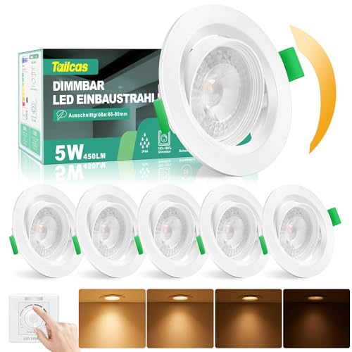 Tailcas LED Einbaustrahler 230V Flach Dimmbar, LED Spots 5W 450LM Deckenspots IP44 LED Einbauleuchten Lochmass 68-80mm, Warmweiß 3000K Schwenkbar Einbauspots für Badezimmer Küche Wohnzimmer, 6er Set von Tailcas