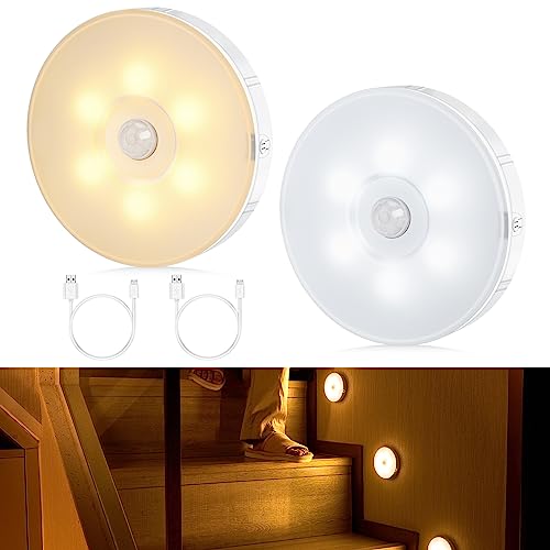 Tailcas Nachtlicht mit Bewegungsmelder, 2 Stück LED Nachtlicht Dimmbar USB Wiederaufladbar, 1000mAh, Warmweiß/Kaltweiß, Nachtlampe Schranklicht für Treppe, Kinderzimmer, Flur, Küche, Schlafzimmer von Tailcas