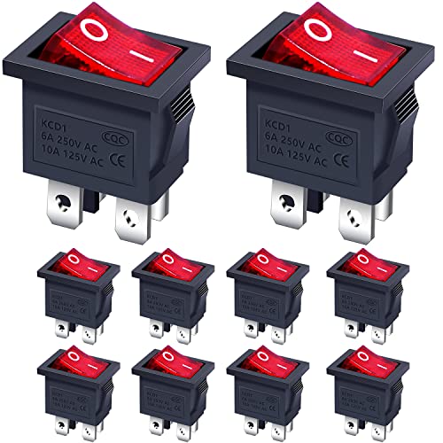 Taiss / 10 Stücke Kippschalter AC 250V / 6A, 125V / 10A Rote licht beleuchtet EIN/AUS DPST 4 Pin 2 Position Mini Wippschalter Für Autos und Boote KCD1-4-201N-R von Taiss