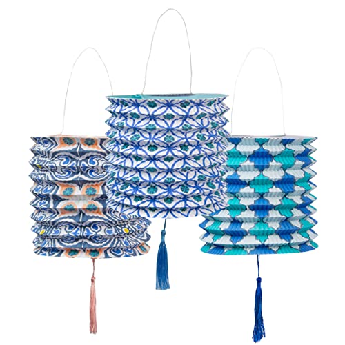 Marokkanische geometrische Blaue Papierlaternen Dekorationen für Geburtstagsparty, Garten, Sommer, Babyparty, 3 Stück, hergestellt von Talking Tables von Talking Tables