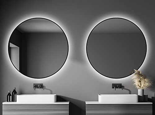 Talos Black OROS Spiegel rund Ø 120 cm – runder Wandspiegel in schwarz – Badspiegel rund mit hochwertigen Aluminiumrahmen - Badezimmerspiegel mit indirekter LED Beleuchtung - Lichtfarbe neutralweiß von Talos