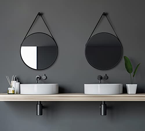 Talos Black Style Spiegel rund Ø 50 cm – runder Wandspiegel in matt schwarz – Badspiegel rund mit hochwertigen Aluminiumrahmen – Badezimmerspiegel mit trendigem Aufhänge Band in Lederoptik von Talos