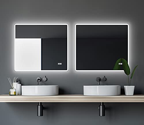 Talos Sun Badspiegel mit Beleuchtung – LED Badezimmerspiegel 80x70 cm – Wandspiegel mit LED Lichtumrahmung – Spiegel mit Lichtfarbe neutralweiß – Lichtspiegel mit Digitaluhr von Talos