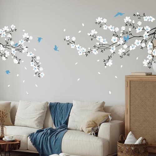Tanlaby Blau Weiße Blume Wandtattoo Kirschblüten Wandsticker Vögel auf Baumzweig Wandaufkleber für Wohnzimmer Schlafzimmer Büros Sofa Hintergrund Hause Wanddekoration von Tanlaby