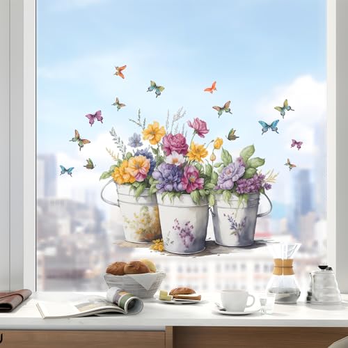 Tanlaby Blumentöpfe und Blumen Fensterbilder Frühlingsblumen Schmetterling Fenstersticker Doppelseitige Statische Anti-Kollision für Schlafzimmer Home Wohnzimmer Glas Fenster Türen Fensterabziehbilder von Tanlaby