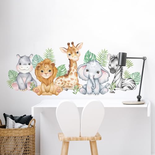 Tanlaby Dschungel Tier Wandsticker Waldtiere Wandtattoo Nilpferd Löwe Giraffe Elefant Zebra Wandaufkleber Selbstklebend Abnehmbare Wandkunst Aufkleber für Kinderzimmer Spielzimmer Wanddekoration von Tanlaby