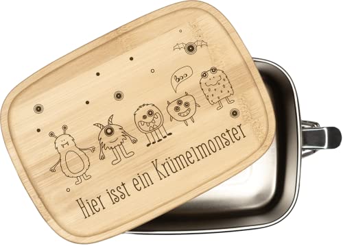 Tassenbrennerei Kinder Brotdose - Hier isst das Krümelmonster - 1000ml Edelstahl Box Bambusdeckel mit Gravur - Geschenk für Kinder - Jungen & Mädchen von Tassenbrennerei