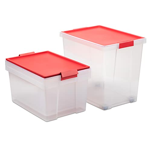 TATAY 3er-Set, Aufbewahrungsboxen, 2 x 35L, 1 x 60L, mit Griffen, Deckel aus 100 prozent recycelten Materialien, Transparent, BPA-frei, Rot von TATAY