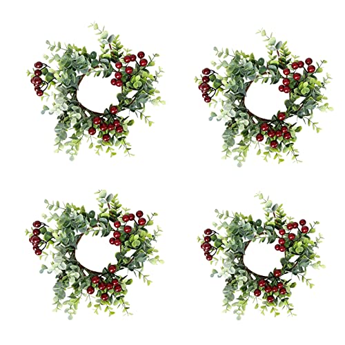 Teahutty 4 Stück Weihnachts-Kerzenring künstliche Beerenringe, Eukalyptusblätter, Mini-Kranz für Säulen, Weihnachten, Urlaubsdekoration, rustikale Hochzeitstischdekoration, Grün a, 25 cm, Green A von Teahutty