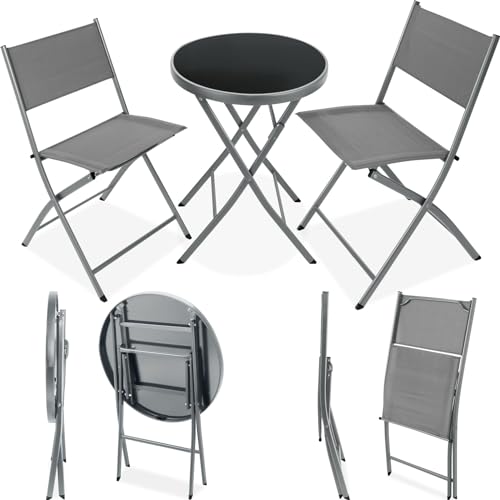 tectake® Bistroset, Tisch und 2 x Stuhl, Kleiner runder Esstisch, Klapptisch und Klappstühle Set, platzsparende Möbel Outdoor wetterfest für Balkon, Terrasse, Gartenmöbel - grau von tectake