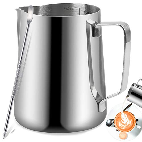 TechKen Milchkännchen, Milchkanne Edelstahl 600ml(20oz) Barista Zubehör Kaffee Milch Kännchen mit Messung Mark für Cappuccino Espresso (Silber 600ml) von TechKen