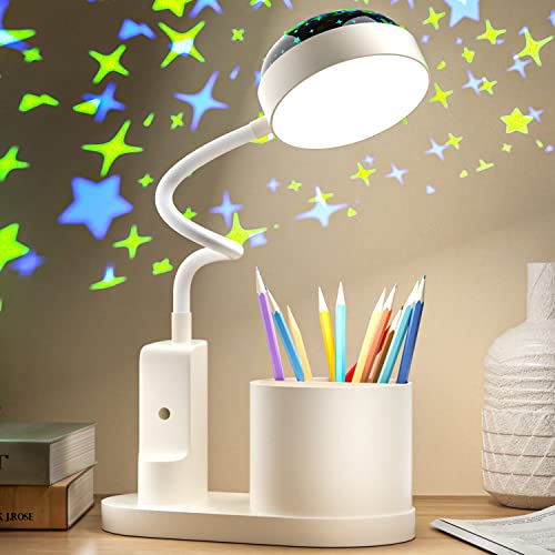 TechKen Schreibtischlampe Kinder, LED Nachttischlampe Tischlampe Dimmbar Helligkeitsstufen Wiederaufladbare Deraufladbare Lampe Schwanenhals Tischlampe Studienlampe mit Stifthalter Stern Projektion von TechKen