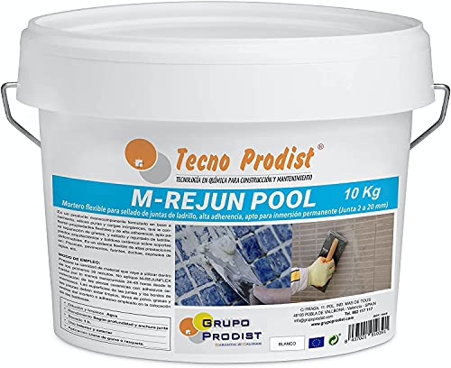 M-REJUN POOL von Tecno Prodist - (10 kg) Flexibler Mörtel zur Versiegelung von Fliesenfugen und Fugen in Schwimmbädern, Keramik, Ziegeln, etc., geeignet für dauerhaftes Eintauchen (2 bis 20 mm) Weiß von Tecno Prodist