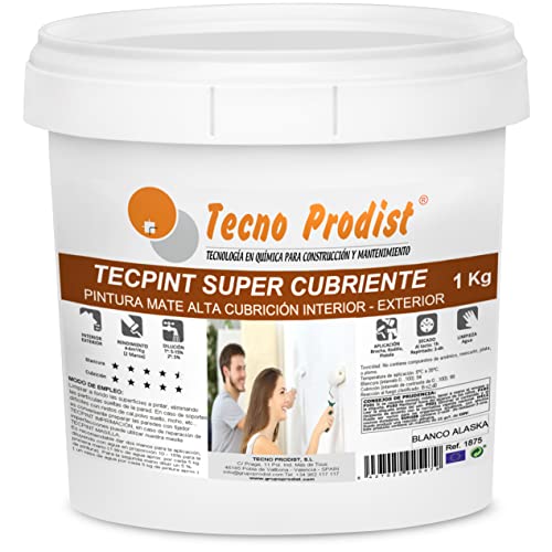 TECPINT SUPER DECKLACK von Tecno Prodist - 1 Kg (WEISS) Außen- und Innenfarbe auf Wasserbasis - Extra deckend, weißes Alaska-Finish - abwaschbar - geruchsneutral, nicht spritzend - einfache Anwendung von Tecno Prodist