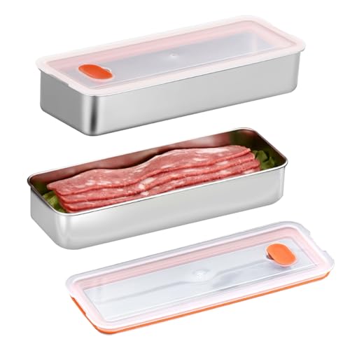 Tefola 2 x Speck-Aufbewahrungsbox für Kühlschrank, rechteckig, 304 Edelstahl + PP-Speck-Aufbewahrungsbox, Versiegelung für Delikatfleisch, Behälter für Nudeln, Spargel, Sellerie, Fisch (26,5 x 10 x von Tefola