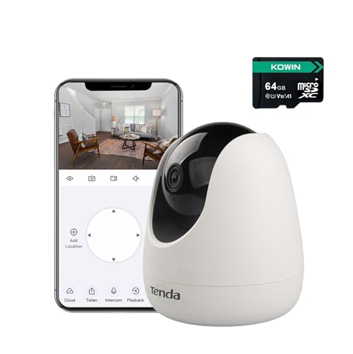 Tenda CP3 Überwachungskamera Innen mit SD Karte, 360 Grad WLAN Kamera Überwachung, 2-Wege-Audio, 1080P, Nachtsicht, Ton und Licht Alarm, Bewegungsverfolgung, Haustierkamera für Hund/Katze, Baby Kamera von Tenda