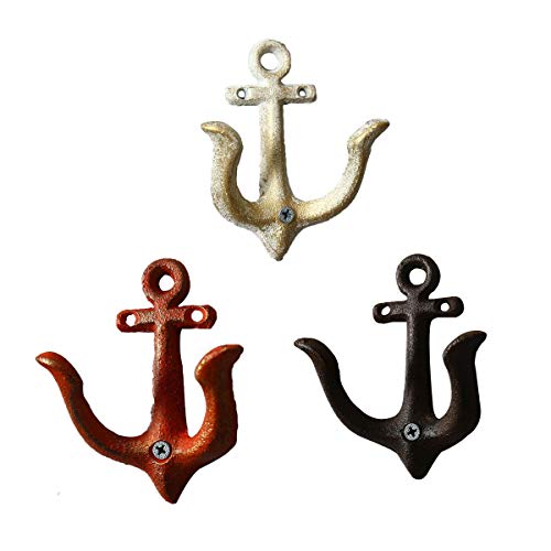 TentHome 3er-Set Maritime Dekoration Garderobe Antik Gusseisen Wandhaken Kleiderhaken Garderobenhaken Anker Doppelhaken Wandgarderobe Vintage Garten Haken (Mehrfarbig) von TentHome