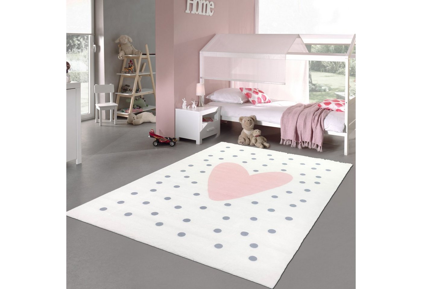 Kinderteppich Kinderzimmer Teppich flauschig rosa Herz graue Punkte in creme, Teppich-Traum, rechteckig, Rückseite durch „Canvas“ geschützt, Pflegeleicht von Teppich-Traum