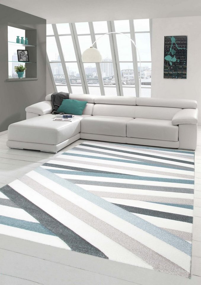 Teppich Designer Teppich Moderner Teppich Wohnzimmer Teppich Kurzflor Teppich mit Konturenschnitt Gestreift Pastellfarben Blau Creme Beige, Teppich-Traum, rechteckig, Höhe: 13 mm von Teppich-Traum