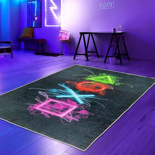 Teppich-Traum Gaming Teenager Teppich Zimmer auffällig Bunte neonfarbige Symbolen schwarzer Hintergrund, 50 x 90 cm von Teppich-Traum