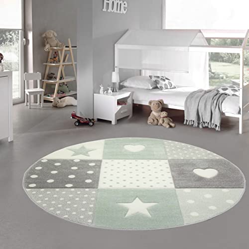 Teppich-Traum Kinderzimmer Teppich Spiel & Baby Teppich Herz Stern Punkte Design Grün Grau Creme Größe 120 cm rund von Teppich-Traum