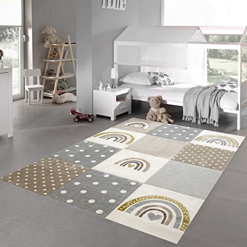 Teppich-Traum Kinderzimmer Teppich Spielteppich Regenbogen Punkte Herzchen beige grau Creme Größe 200 x 290 cm von Teppich-Traum