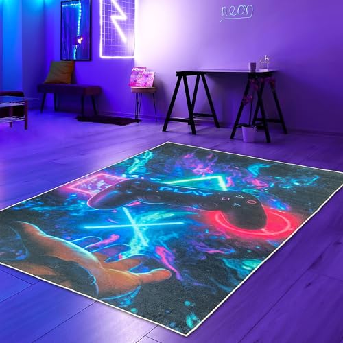 Teppich-Traum Läufer Gaming-Teppich lebendig-bunten neon-farbigen Symbolen schwebendem Controller 200 x 290 cm von Teppich-Traum