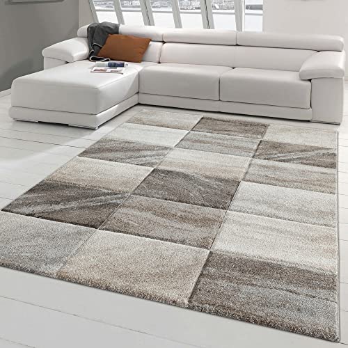 Teppich-Traum Moderner Designerteppich im Konturenschnitt - Karos in beige grau Größe 80x150 cm von Teppich-Traum