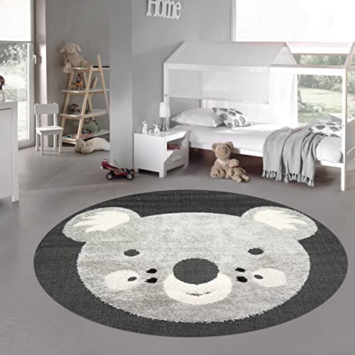 Teppich-Traum Picknick Teppich Outdoor Kinderzimmer Baby Spielteppich 3D Optik High Low Effekt Koalabär Creme grau schwarz, 200 cm rund von Teppich-Traum