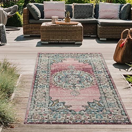 Teppich-Traum orientalischer Vintage LÄUFER für In- & Outdoor buntes Blumenmotiv rosa Größe 60x110 cm von Teppich-Traum