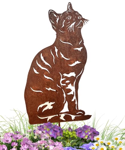 Terma Stahldesign Katzen Gartenstecker Rostifugur Made in Germany (Klassische Hauskatze mit Streifen) von Terma