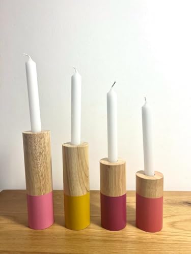 Terra Home Tischkerzenhalter 2in1 Kerzenständer Mehrfarbig, 4er Set Holz (für Adventskerzen geeignet, Rosa Gelb 4 er Set), Wende Kerzenhalter.Stabkerzen oder Teelichter-Adventskerzenhalter (Rosa) von Terra Home