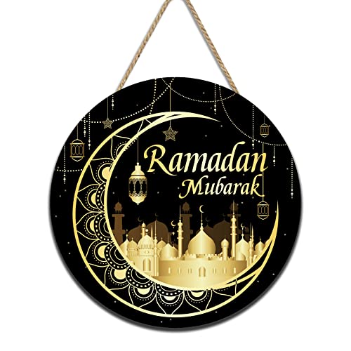 Happy Ramadan Mubarak Türschild Rund Islam Mubarak Holzschild Willkommensschild Supplies Schwarz Gold Plaque für Ramadan Mubarak Wand Tür Party Dekorationen von Tevxj