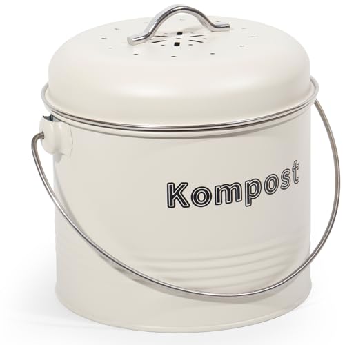 Theo&Cleo Biomülleimer Küche 3,5 L, Bio Mülleimer Geruchsdicht mit Aktivkohlefiltern, Komposteimer Metall, Biomüll Retro (Beige) von Theo&Cleo