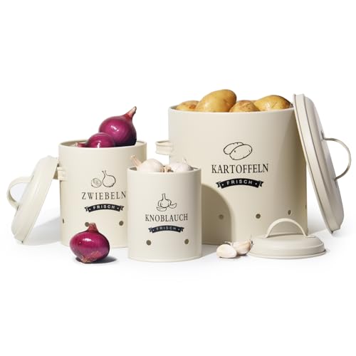 Theo&Cleo Kartoffel Vorratsdosen Set, Kartoffeltopf im Retro Design Zwiebeltopf, Großer Vorratsbehälter aus Metall, Küche Aufbewahrung, Kann Kartoffeln für eine Lange Zeit lagern (Beige) von Theo&Cleo